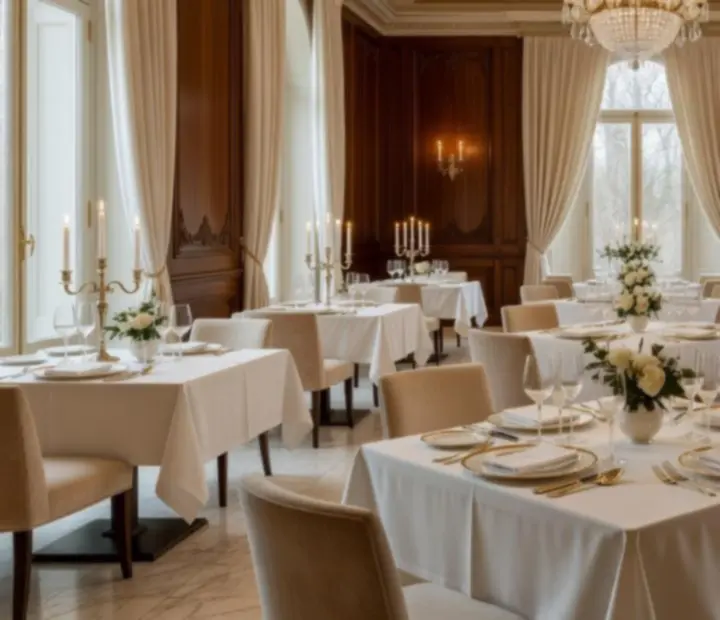 Salle principale lumineuse du restaurant Agenda Quartier, dressée pour un service gastronomique.