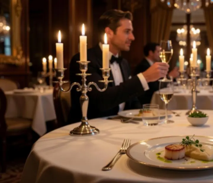 Ambiance de soirée gastronomique avec tables éclairées à la bougie