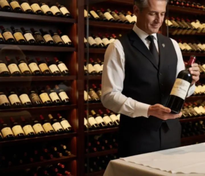 Sommelier présentant une bouteille de vin dans une cave éclairée avec élégance