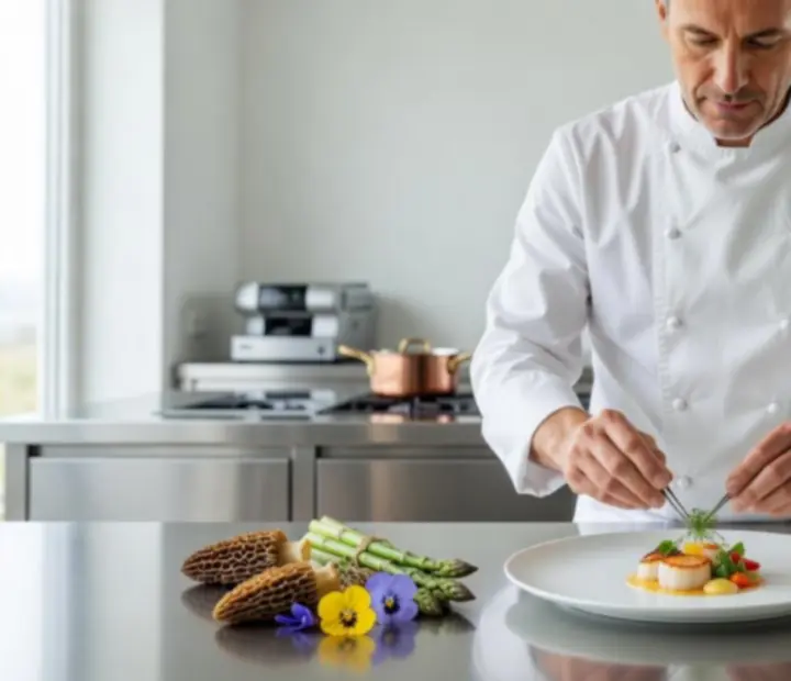 Chef d'Agenda Quartier préparant des plats signatures de haute gastronomie française.