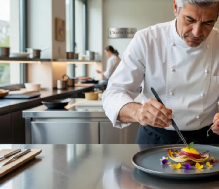 Chef préparant un menu dégustation gastronomique dans une cuisine élégante