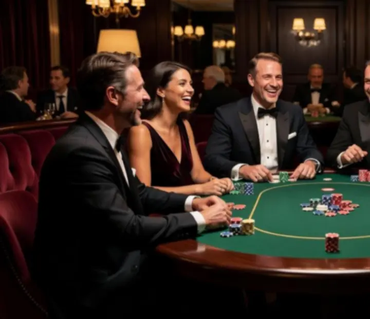 Convives élégants réunis autour d’une table de poker dans un restaurant raffiné