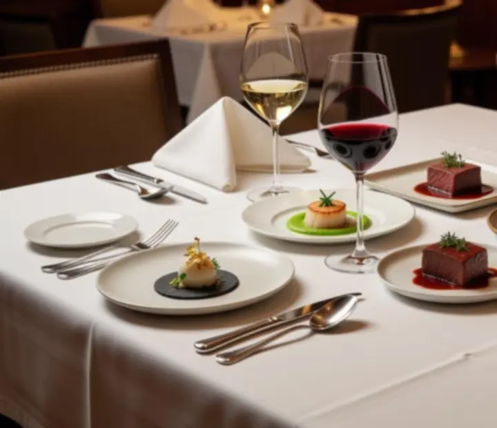 Table de dégustation dressée pour un menu en plusieurs services