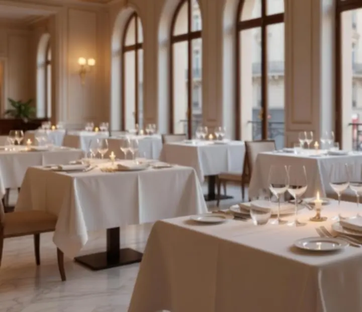 Salle de restaurant élégante d'Agenda Quartier, tables dressées pour un dîner gastronomique