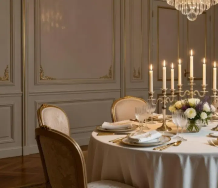 Salon privé élégant préparé pour un dîner gastronomique intimiste