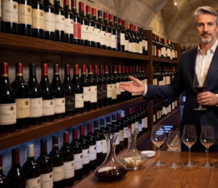 Sommelier présentant une sélection de grands vins dans une cave prestigieuse